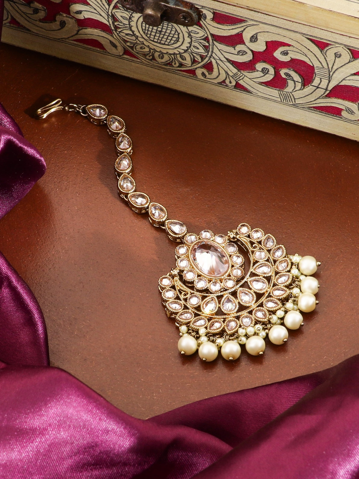 Itrani Radiant Rose Gold Kundan Maang Tikka with Pearl Drops – Bridal & Festive Hair Accessory