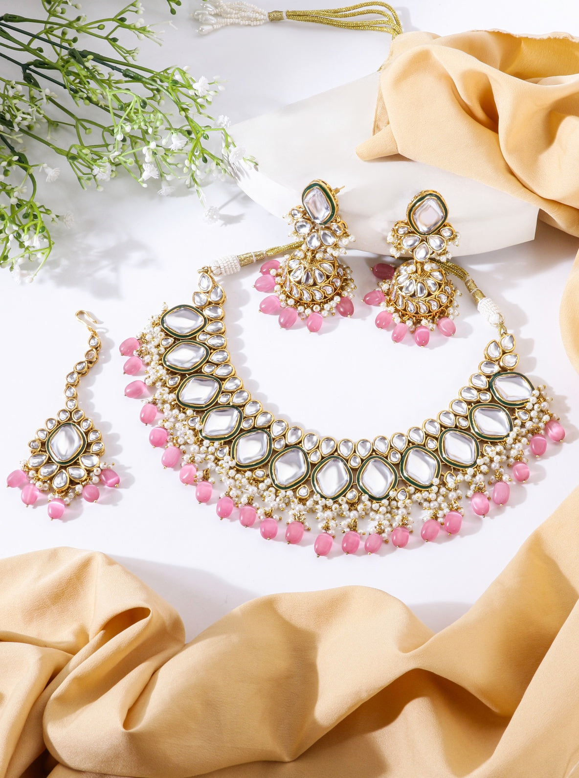 Itrani Blush Pink Kundan Pearl Bridal Necklace Set – Mirror Finish Jewelry with Maang Tikka & Earrings (Anti-Tarnish Brass)