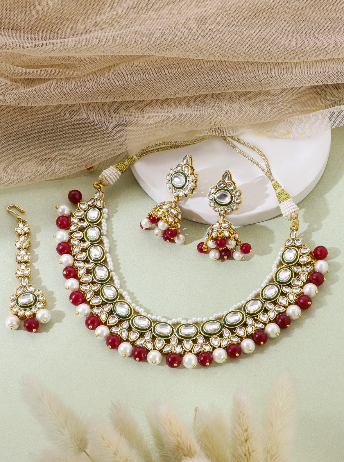 Itrani Regal Ruby Kundan Pearl Necklace Set – Bridal Jewelry with Maang Tikka & Earrings (Anti-Tarnish Brass Finish)