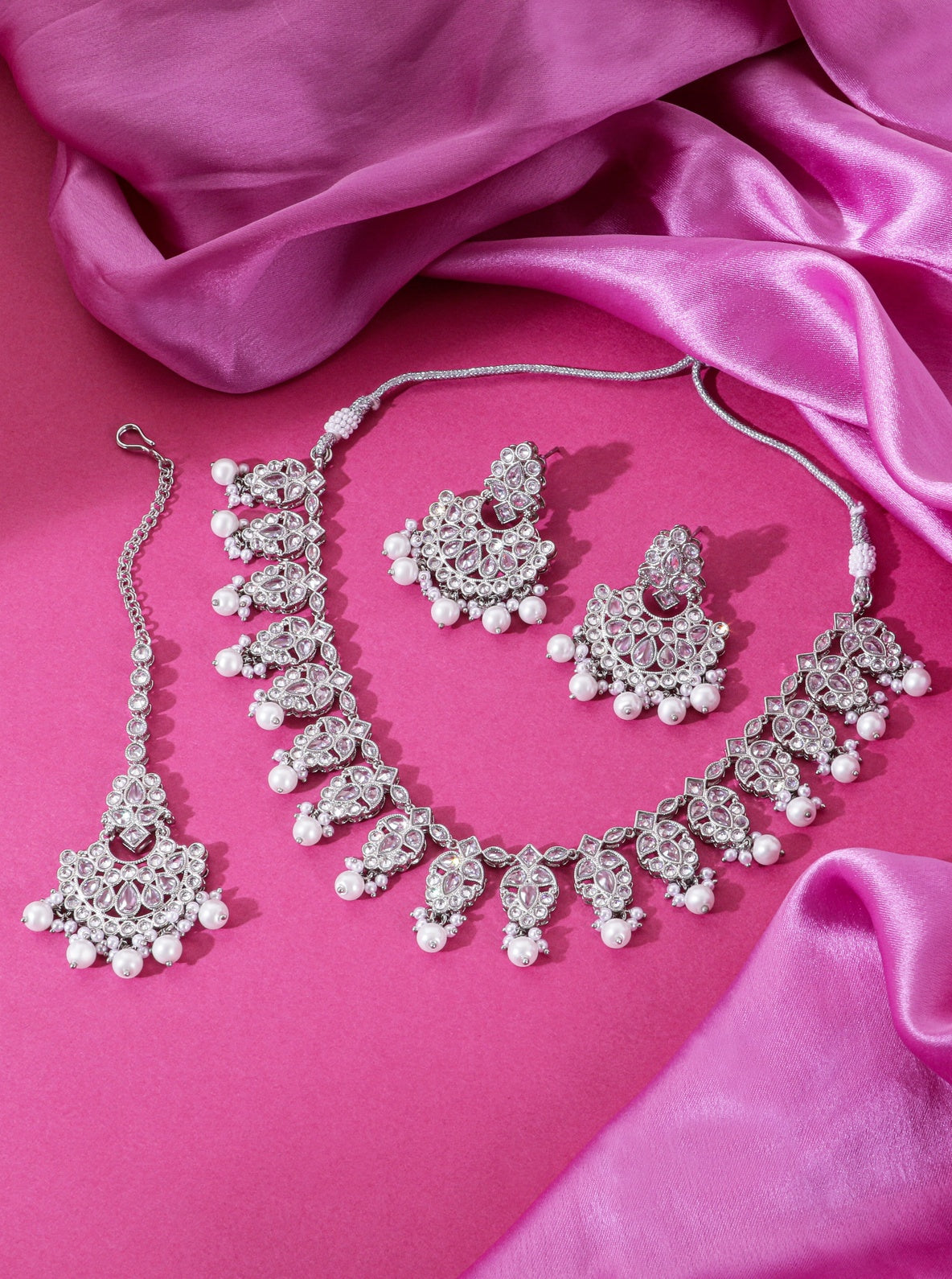 Itrani Royal Silver Pearl Kundan Bridal Necklace Set – Anti-Tarnish Brass Jewelry for Weddings & Festivals