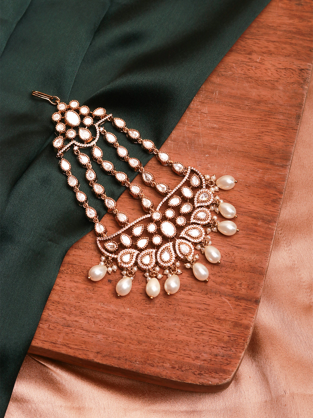 Elegant Gold Finish Passa with Pearl Droplets & Reverse American Diamonds