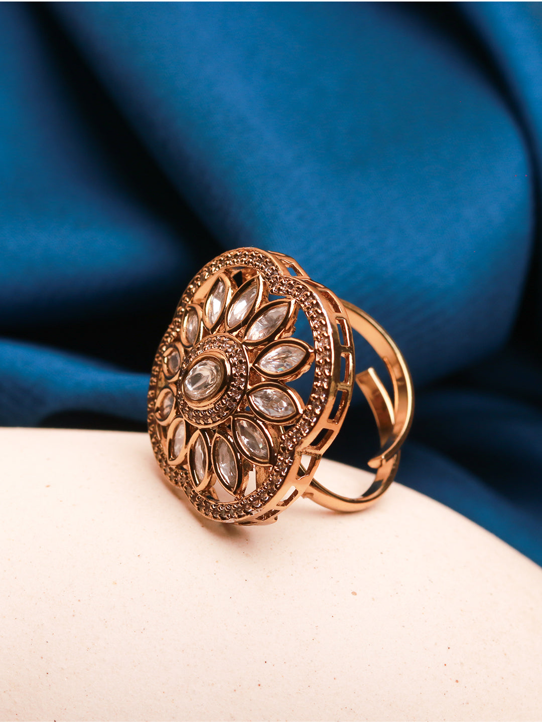 Royal Gold Finish Kundan Statement Ring with Reverse American Diamonds