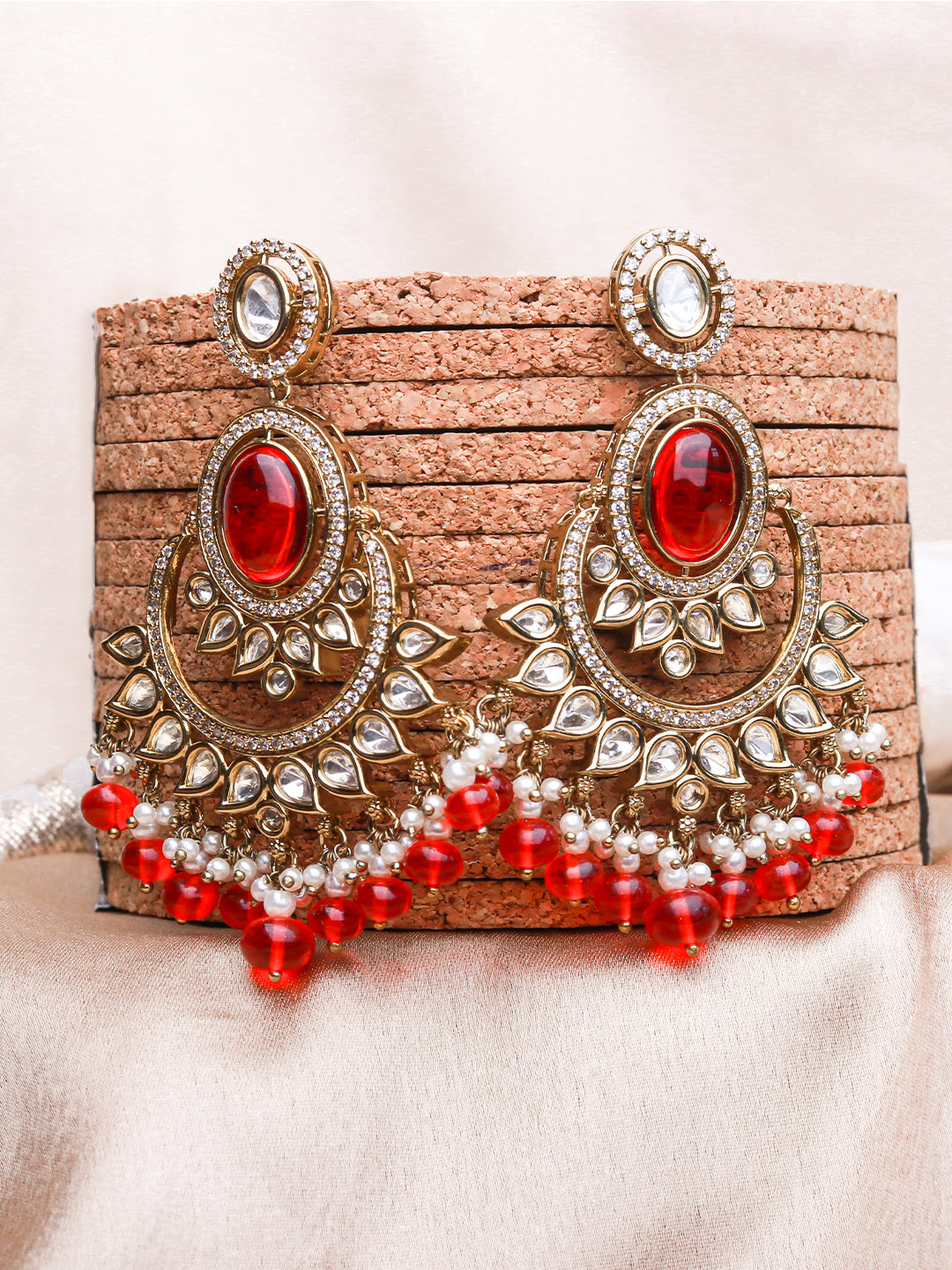 Red Monalisa Polki Chandbali Earrings in Brass