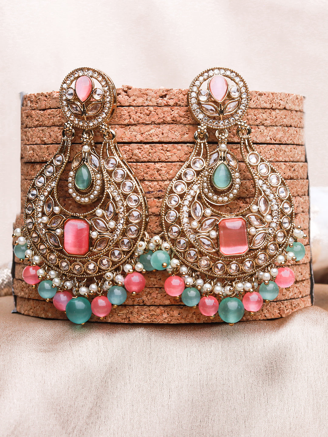 Antique Mehendi Finish Studded Diamond Chandbali Earrings with Pink & Green Beads