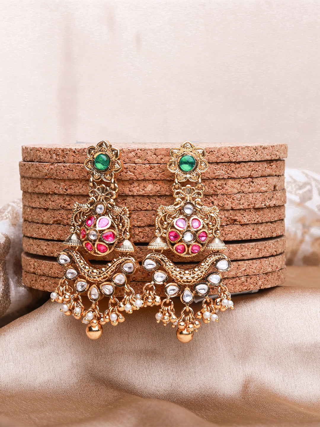 Itrani Royal Grace Kundan Pearl Drop Earrings with Emerald Accents
