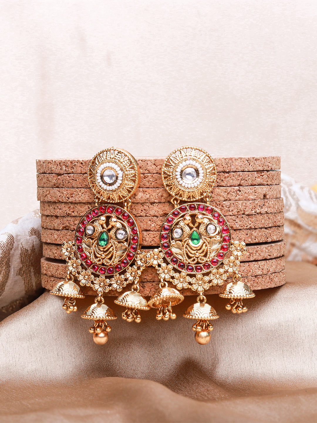 Itrani Temple Charm Antique Jhumka Earrings with Ruby & Emerald Accents
