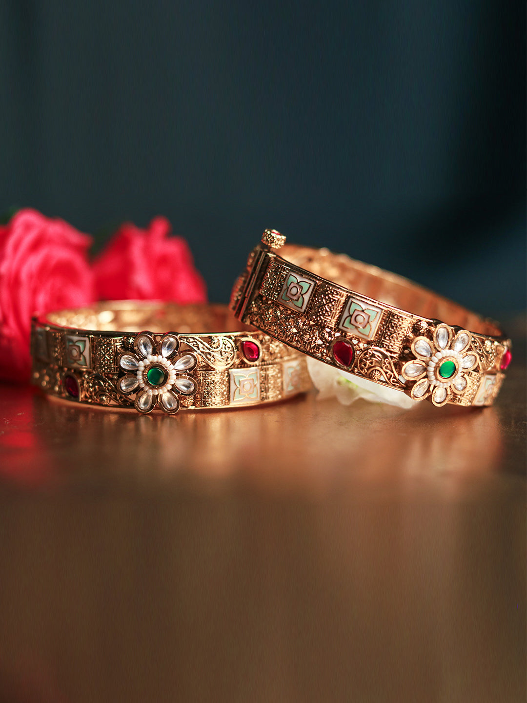 Rajwadi 22K Gold-Finish Bangles with Floral Emerald Stone