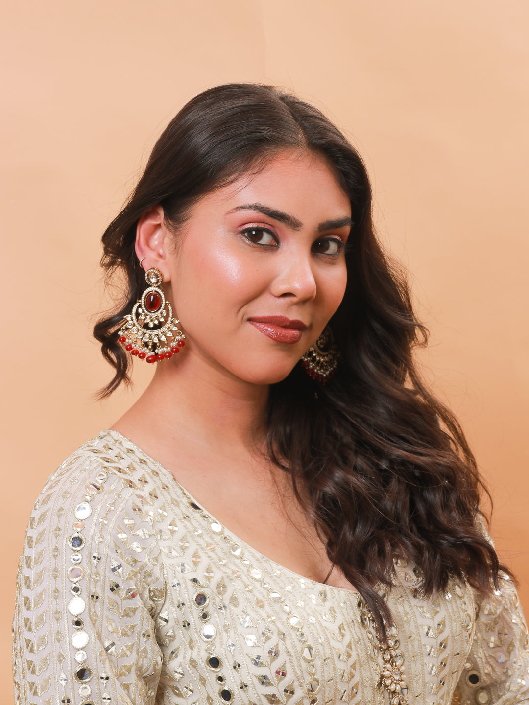 Red Monalisa Polki Chandbali Earrings in Brass