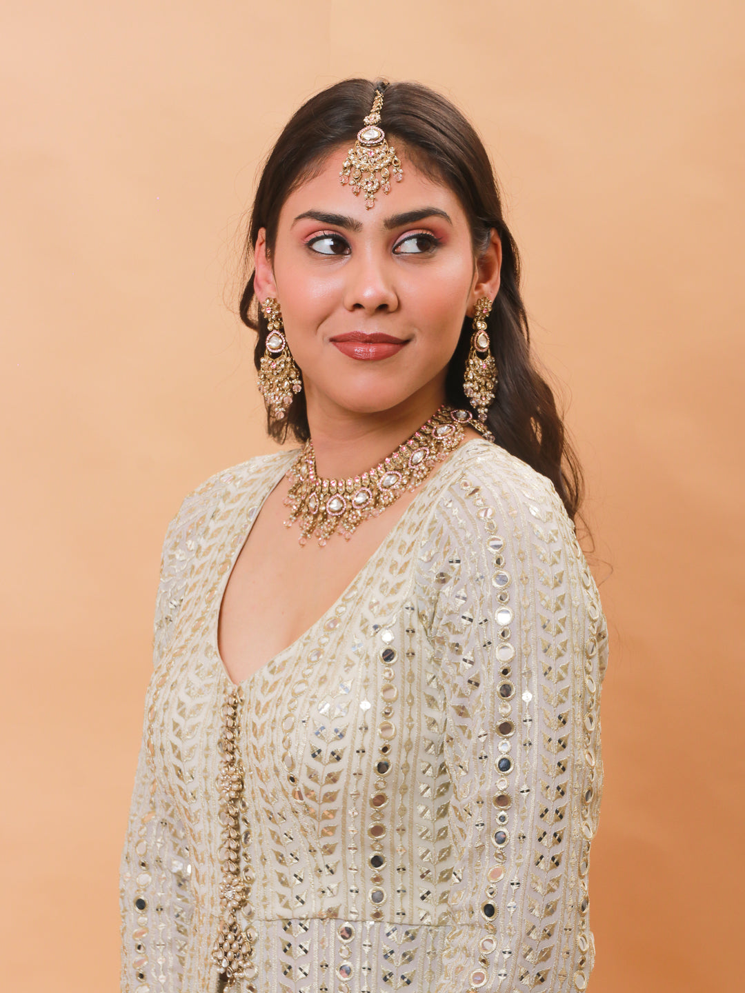 Royal Gold Finish Polki Kundan Necklace Set with Chand Earrings