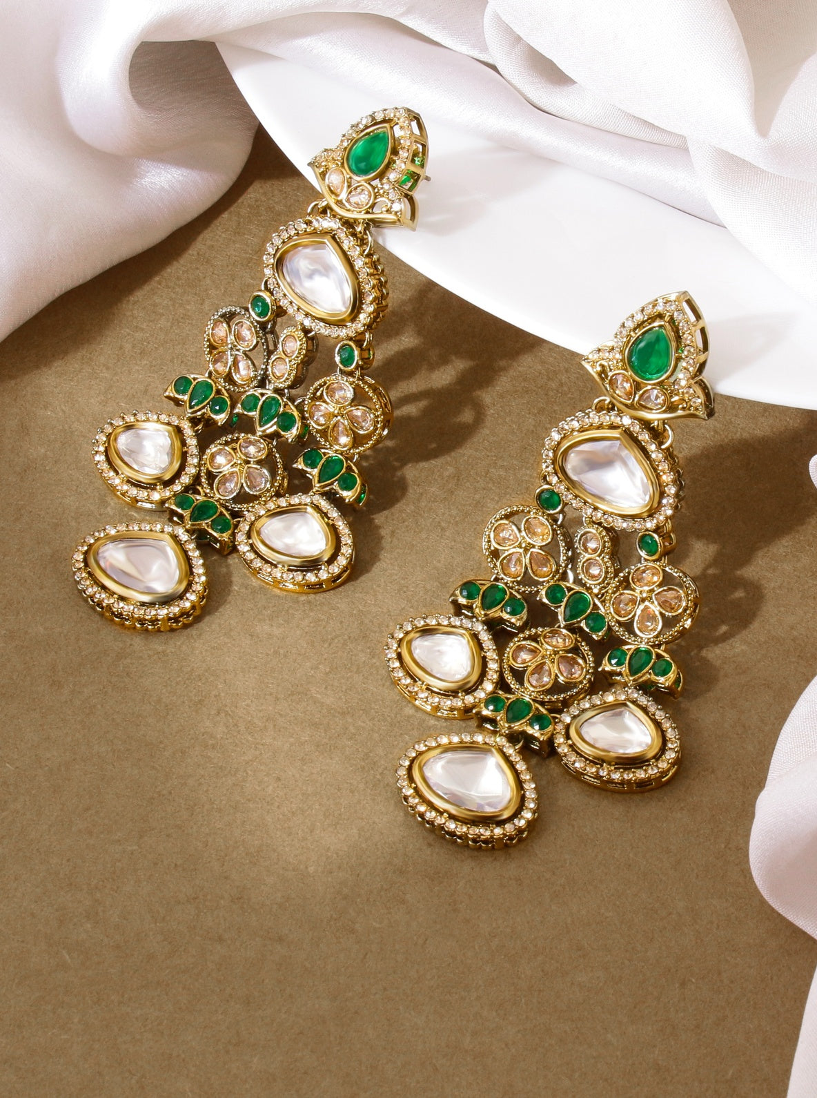 Itrani Emerald Green Stone and Moissanite Stone Statement Earrings – Traditional Brass Bridal Jewelry