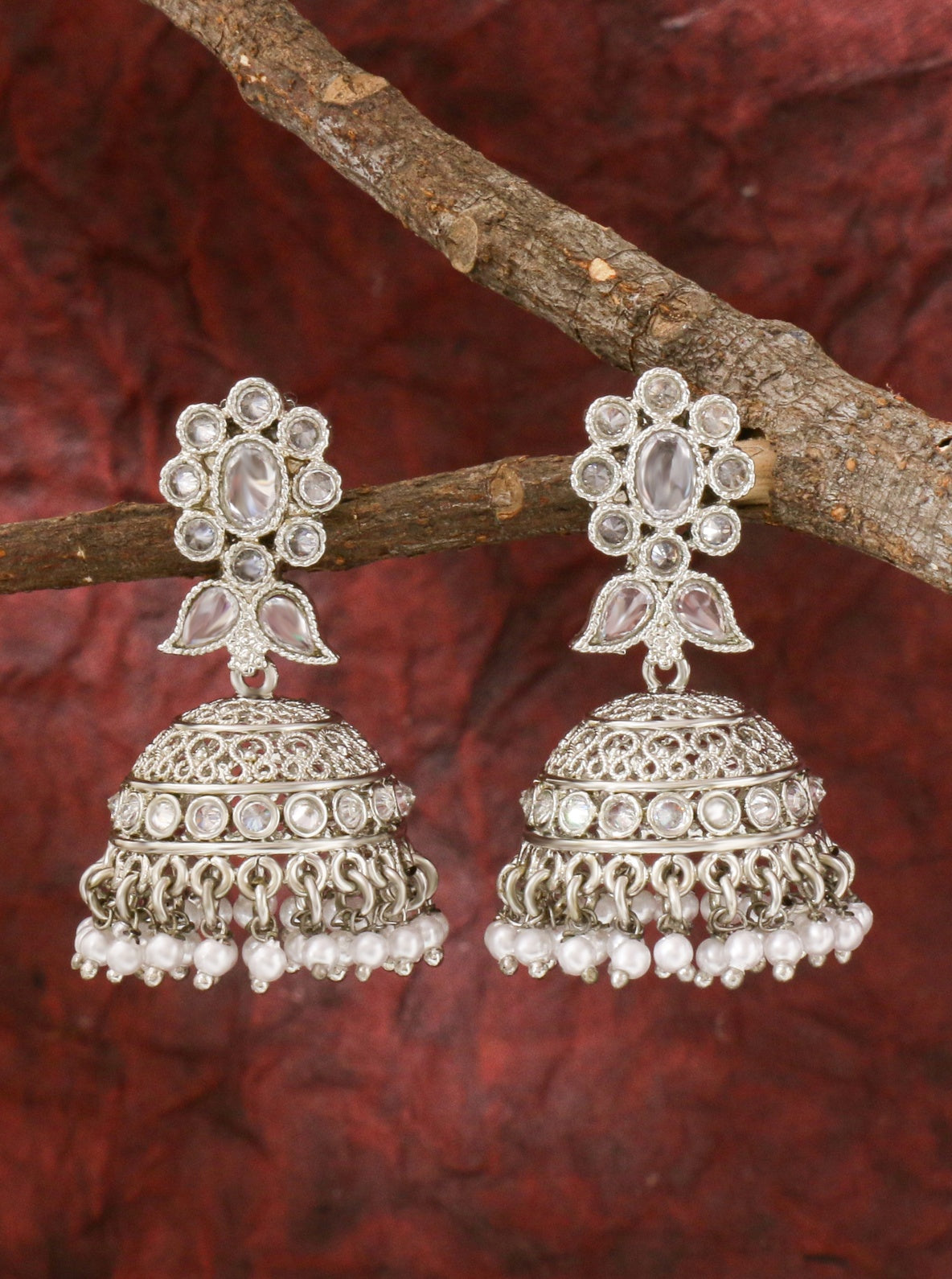 Itrani Silver Crystal Jhumka Earrings – Brass Dome Earrings with Pearl Drops for Weddings & Festive Wear