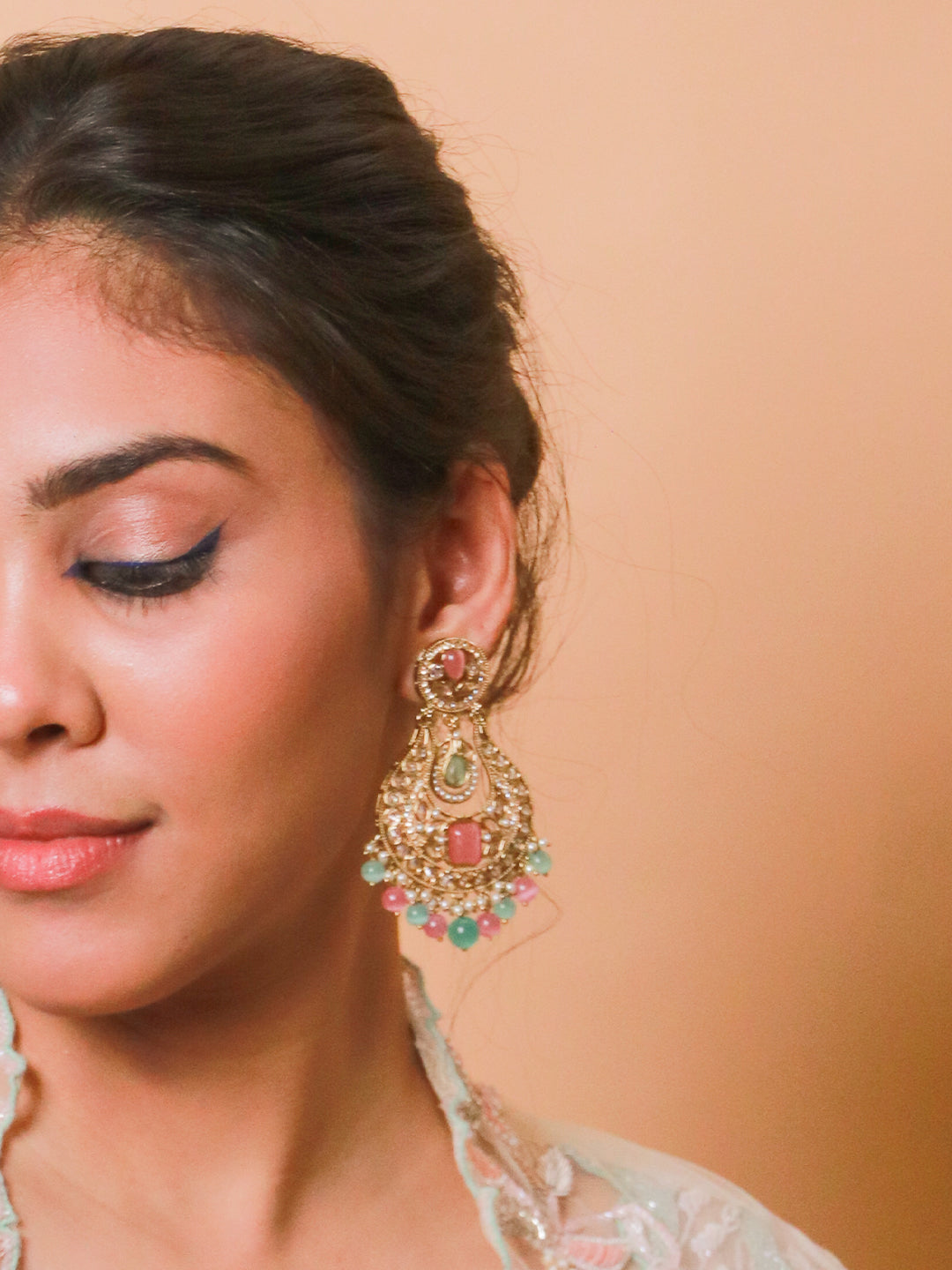 Antique Mehendi Finish Studded Diamond Chandbali Earrings with Pink & Green Beads