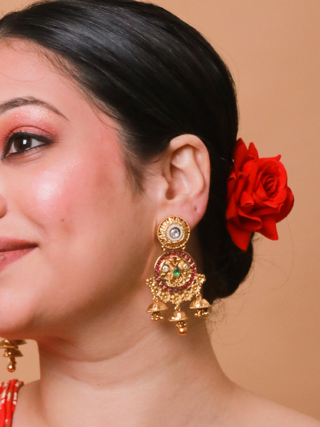 Itrani Temple Charm Antique Jhumka Earrings with Ruby & Emerald Accents