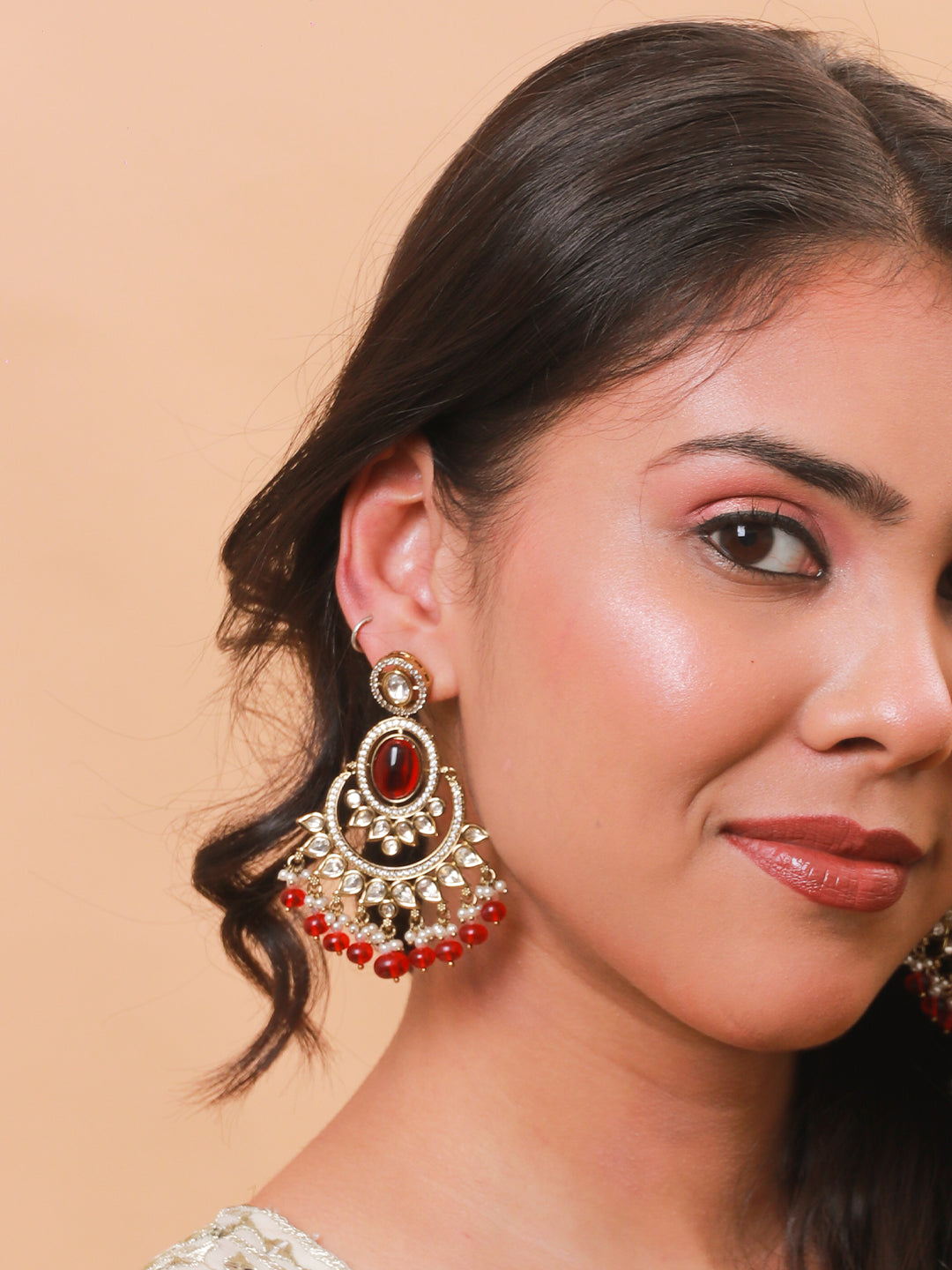 Red Monalisa Polki Chandbali Earrings in Brass