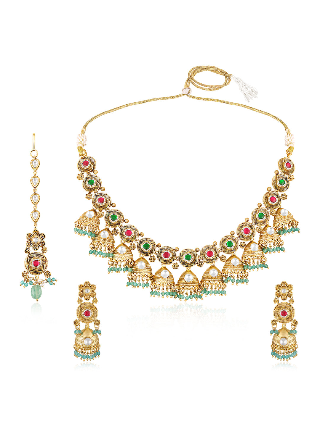 Itrani Rangriti Temple Jhumka With Rani and Green Aventurine Strawberry  Necklace Set – Antique Gold Multicolor Bridal Jewellery