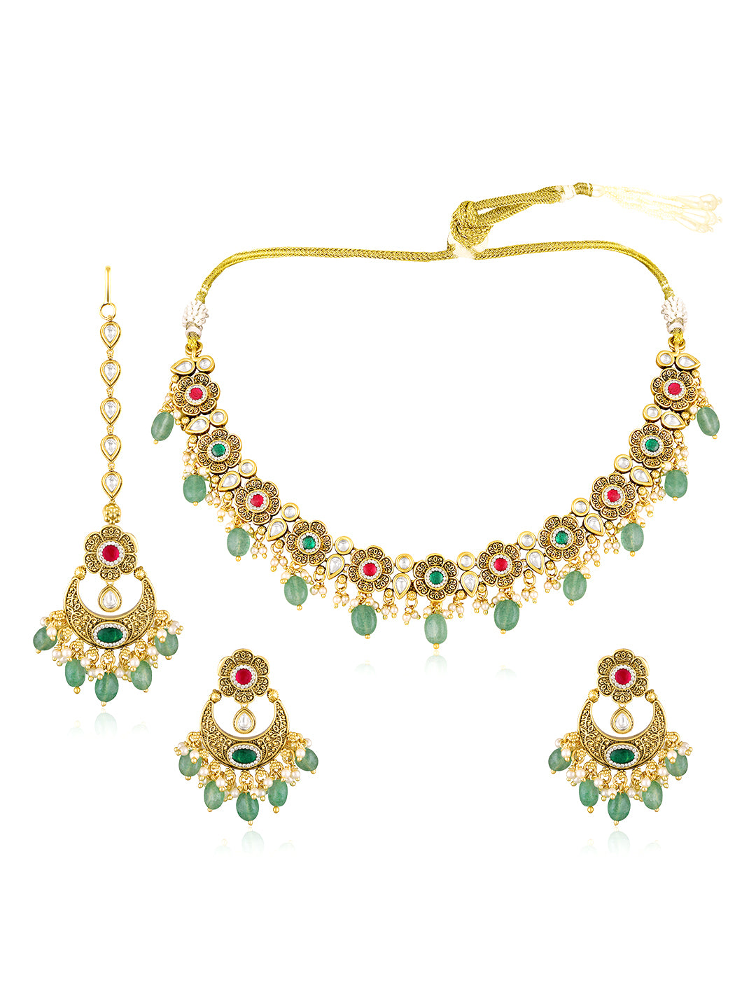Itrani Heritage Gold Plated Ruby and Green Aventurine Drop Chand Style  Mini Bridal Necklace Set