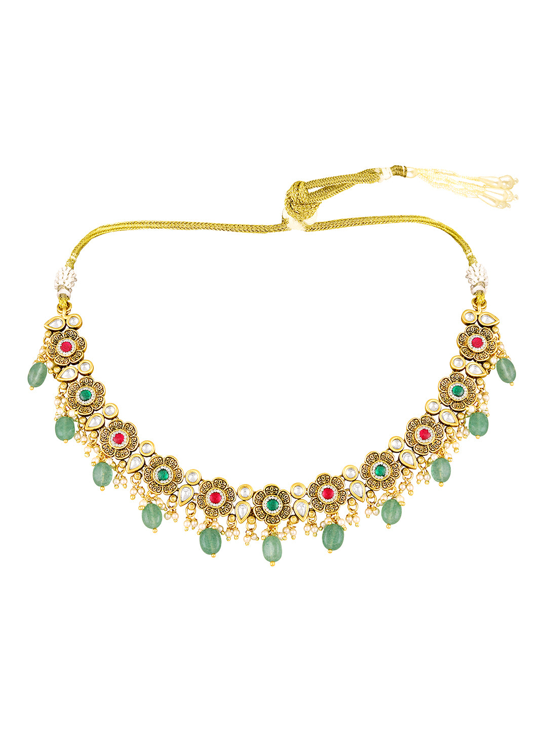 Itrani Heritage Gold Plated Ruby and Green Aventurine Drop Chand Style  Mini Bridal Necklace Set