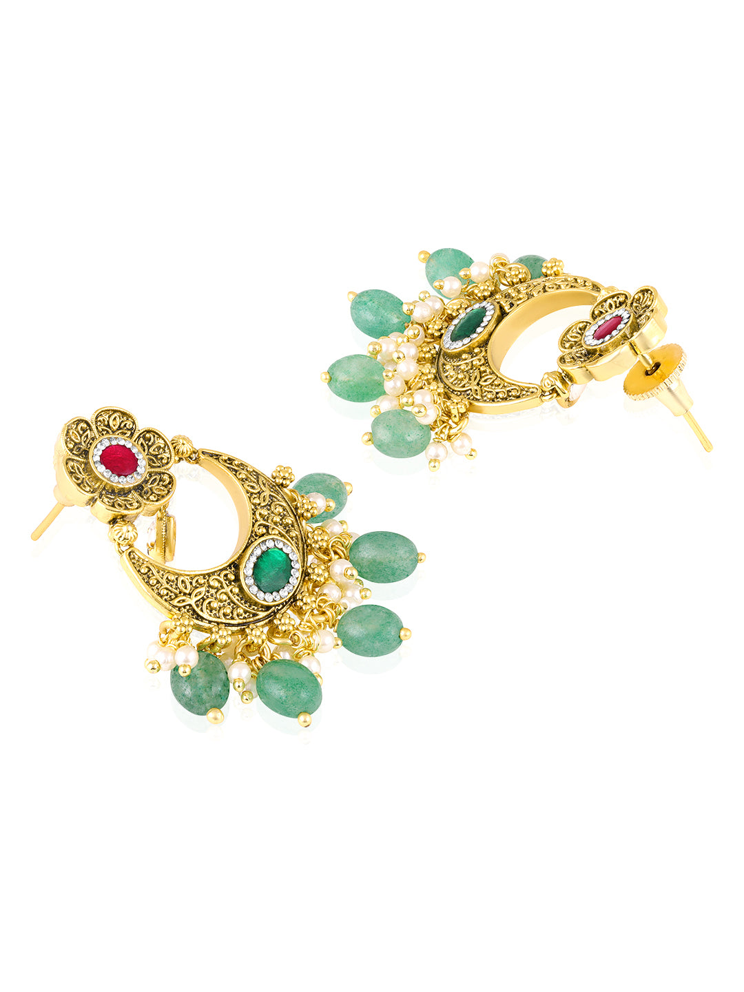 Itrani Heritage Gold Plated Ruby and Green Aventurine Drop Chand Style  Mini Bridal Necklace Set