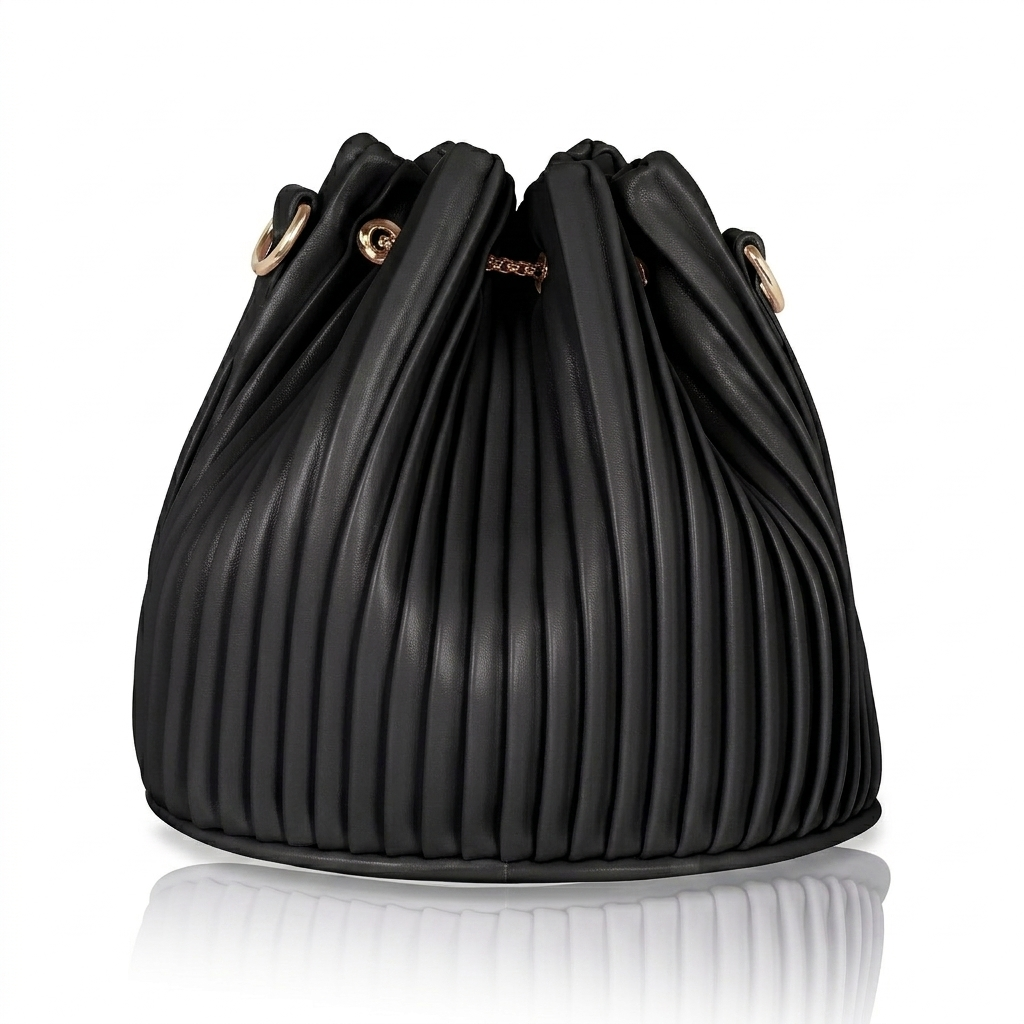 LuxNoir Pleated Genuine Leather Drawstring Bucket Bag