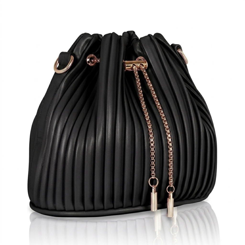 LuxNoir Pleated Genuine Leather Drawstring Bucket Bag