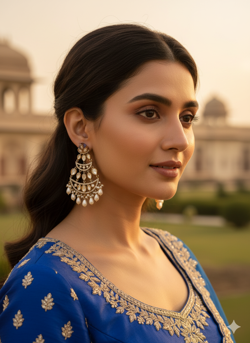 Itrani Blush Radiance Polki Stone and White Pearl Drop Earrings