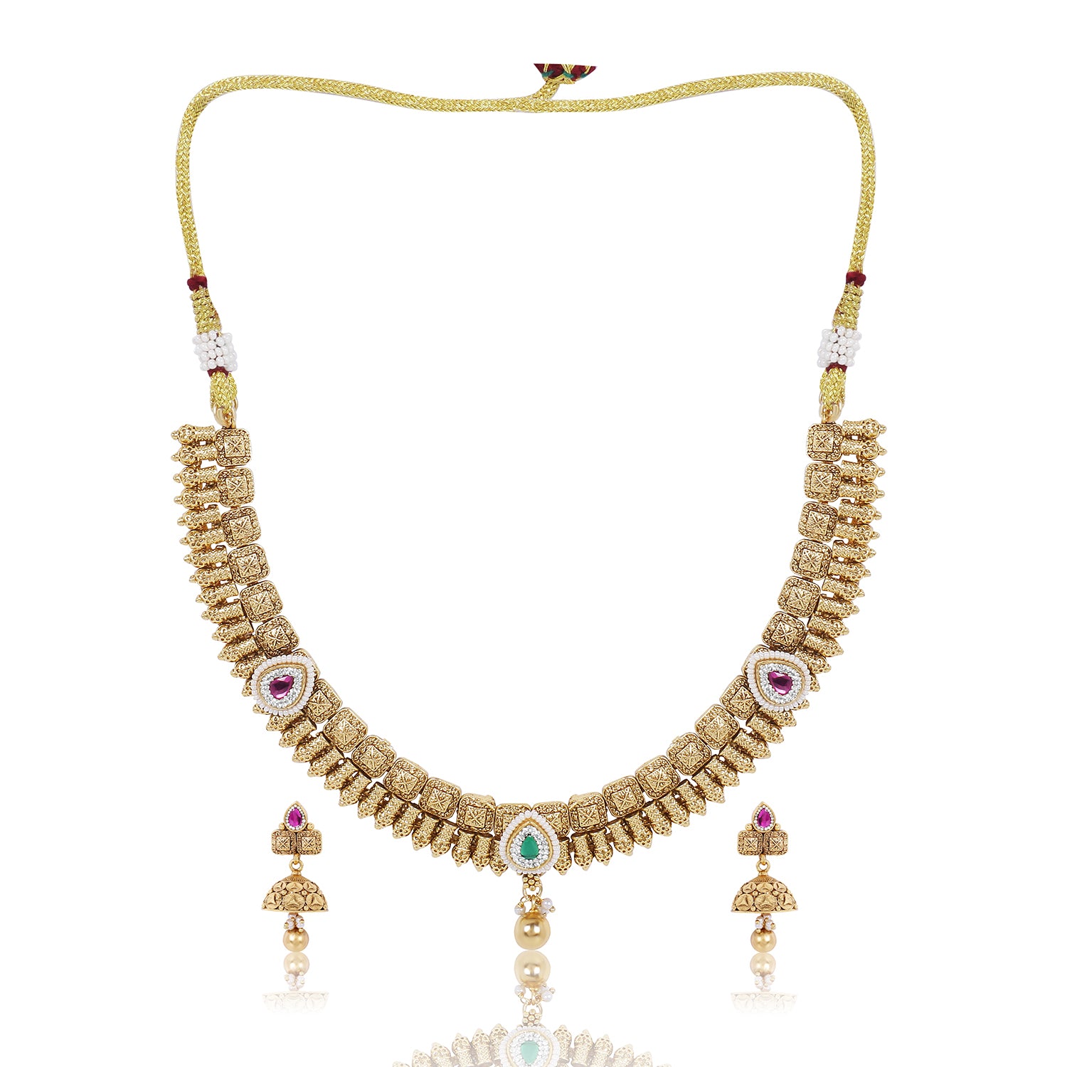 Itrani Rajwadi Polki Gold Finish Brass Necklace with Jhumki & Ruby-Emerald Accents
