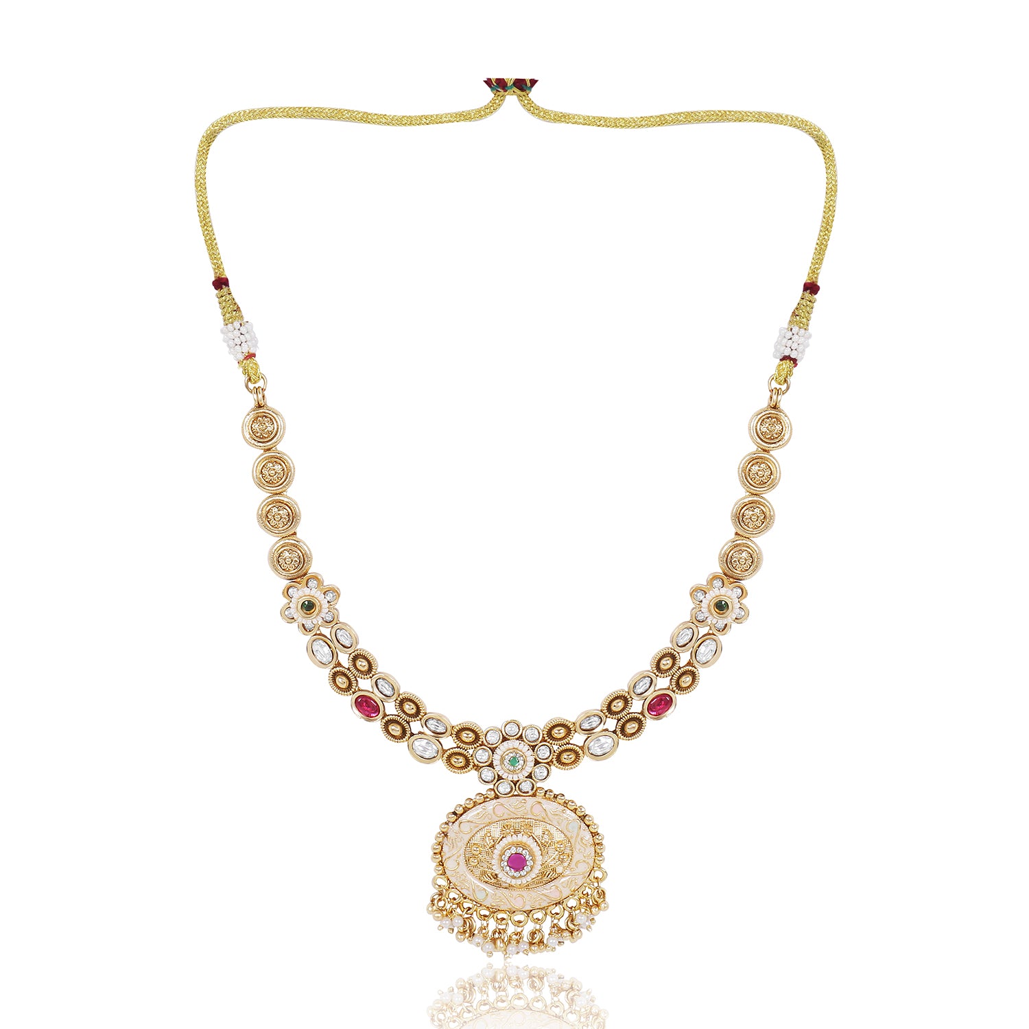 Itrani Rajwadi Gold Finish Polki Mina Necklace with Ruby-Emerald Stones