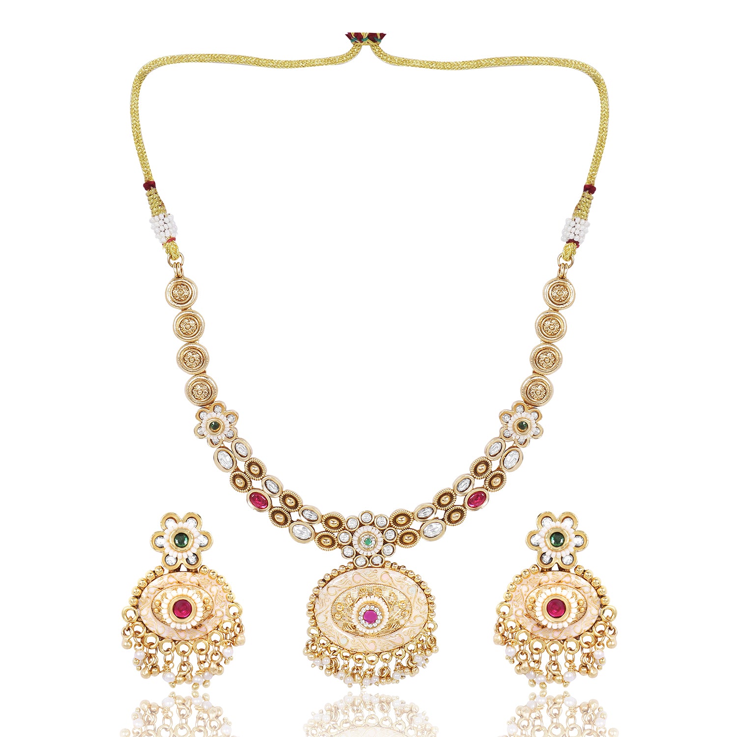 Itrani Rajwadi Gold Finish Polki Mina Necklace with Ruby-Emerald Stones