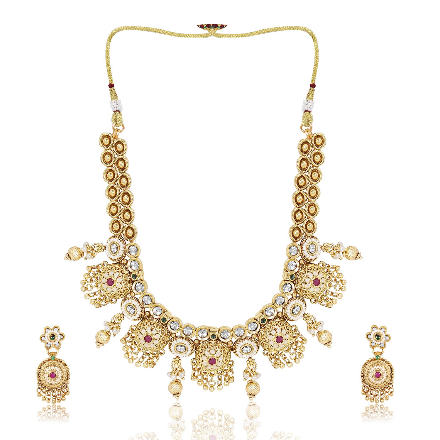 Itrani Rajwadi Gold Finish Polki Necklace with Ruby & Emerald Accents