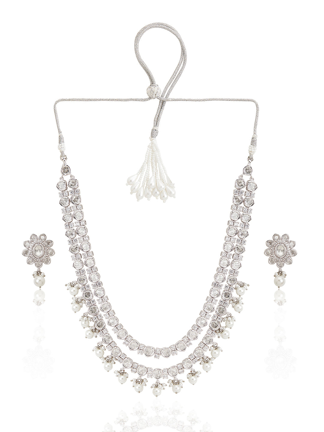 Itrani Double-Layered Polki Pearl & American Diamond Necklace – Rodium Finish