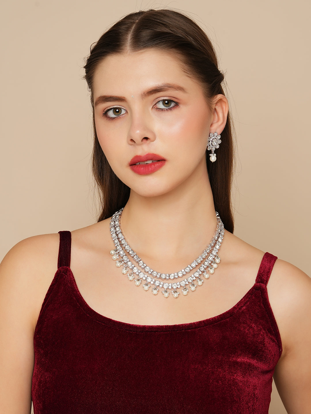 Itrani Double-Layered Polki Pearl & American Diamond Necklace – Rodium Finish