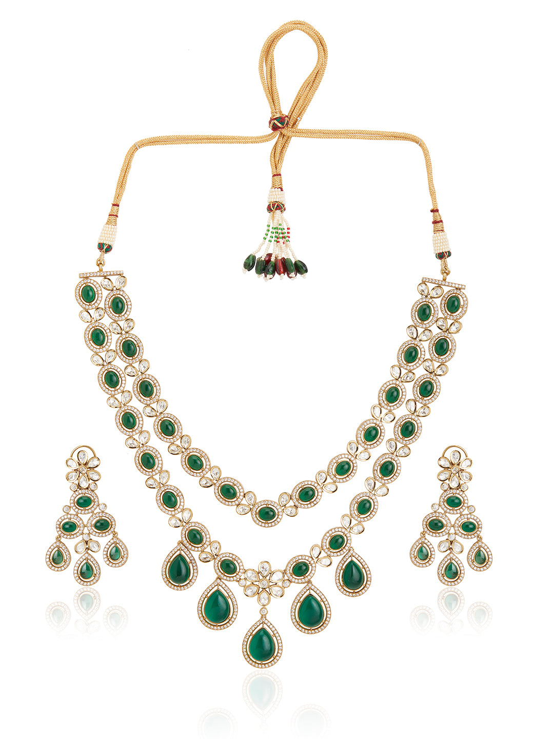 Itrani Double-Layered Green Droplet Polki Necklace Set