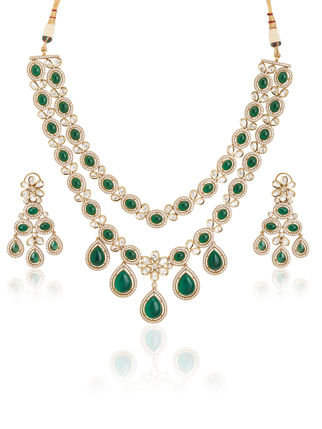 Itrani Double-Layered Green Droplet Polki Necklace Set