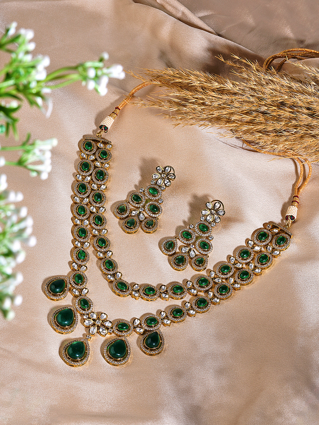 Itrani Double-Layered Green Droplet Polki Necklace Set