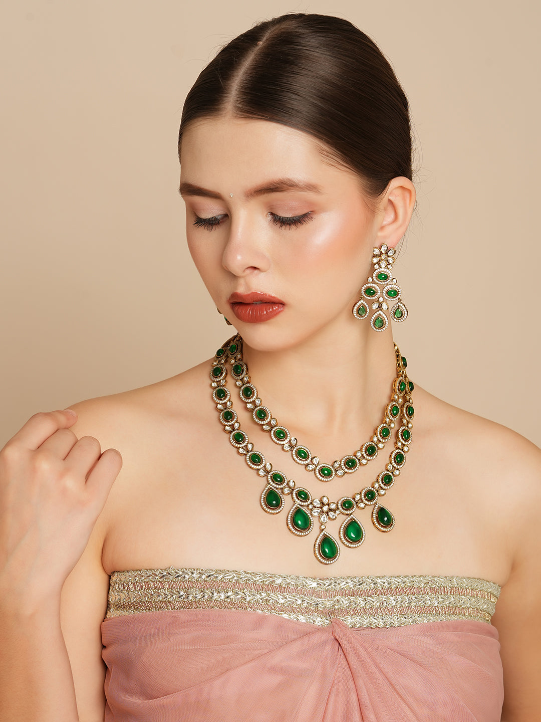 Itrani Double-Layered Green Droplet Polki Necklace Set