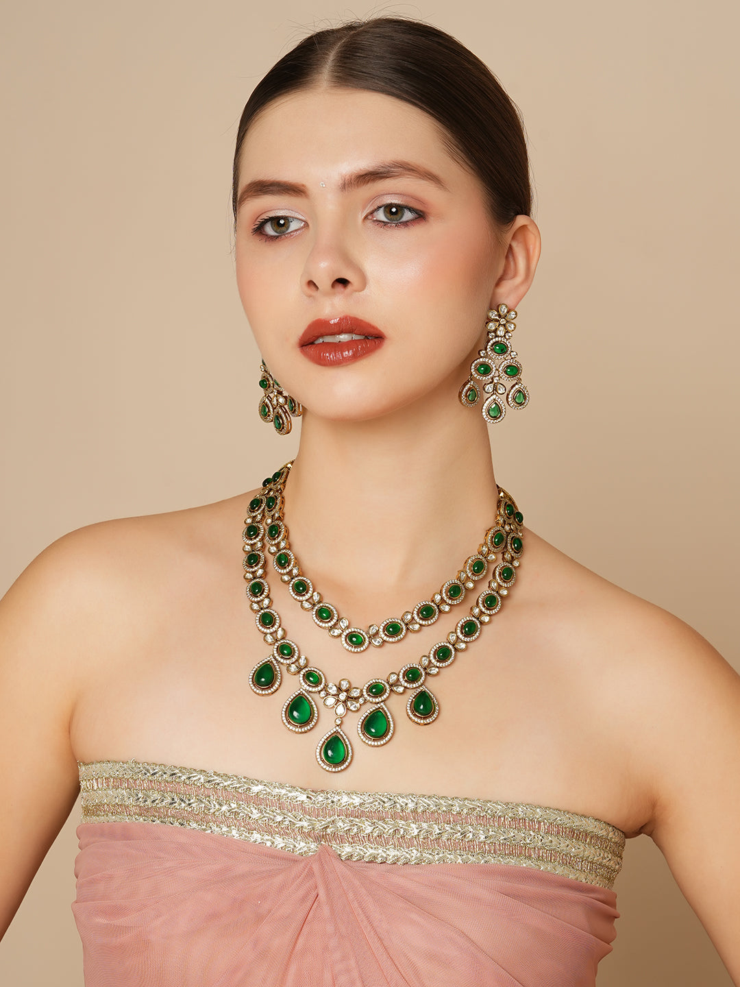 Itrani Double-Layered Green Droplet Polki Necklace Set