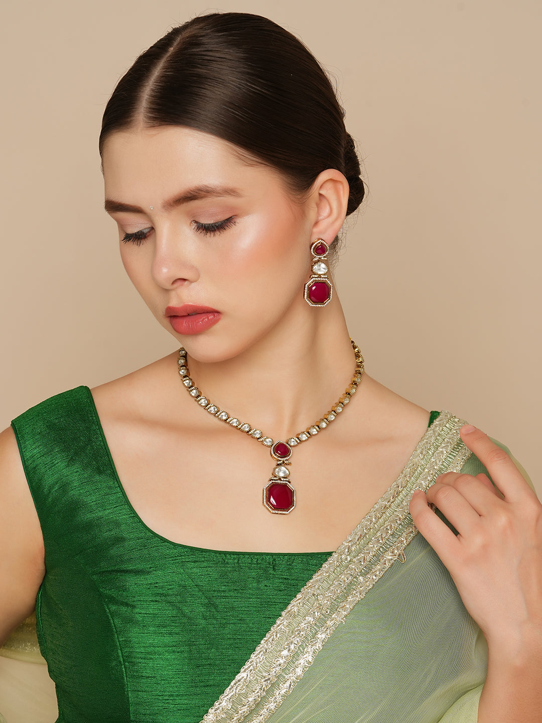 Itrani Octagon Ruby Stone Necklace Set