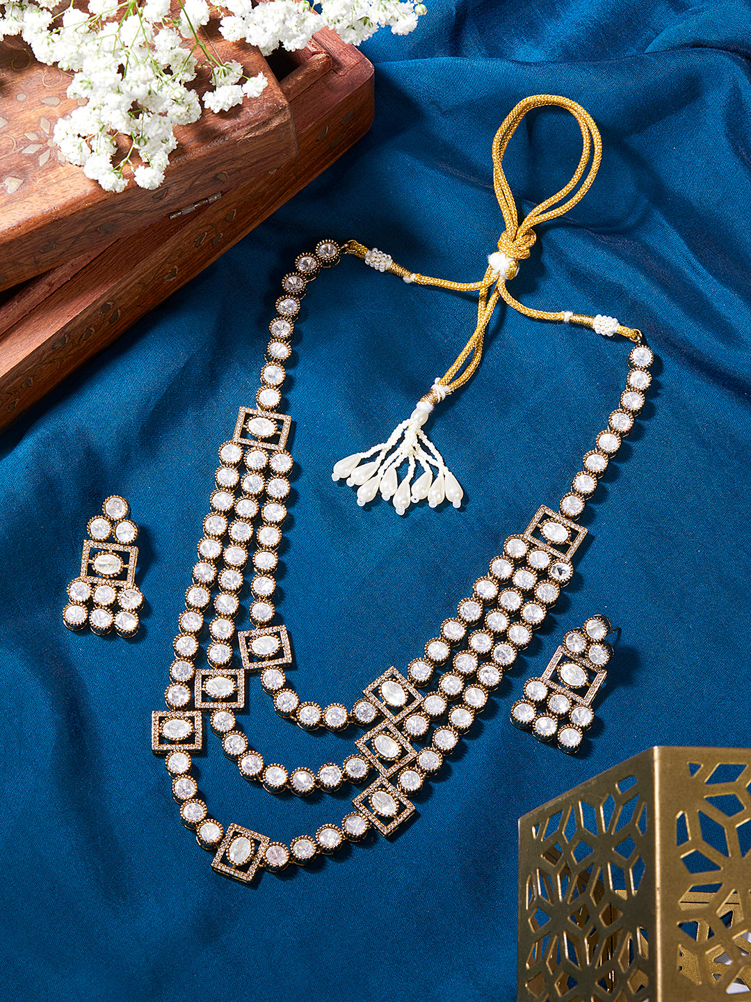 Itrani Tri-Layer Polki Diamond Cascade Necklace Set