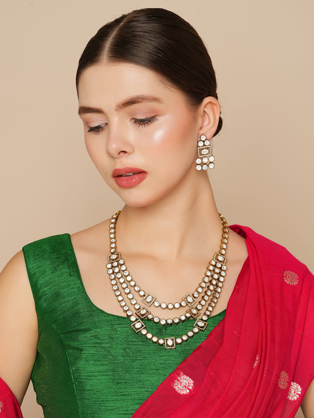 Itrani Tri-Layer Polki Diamond Cascade Necklace Set