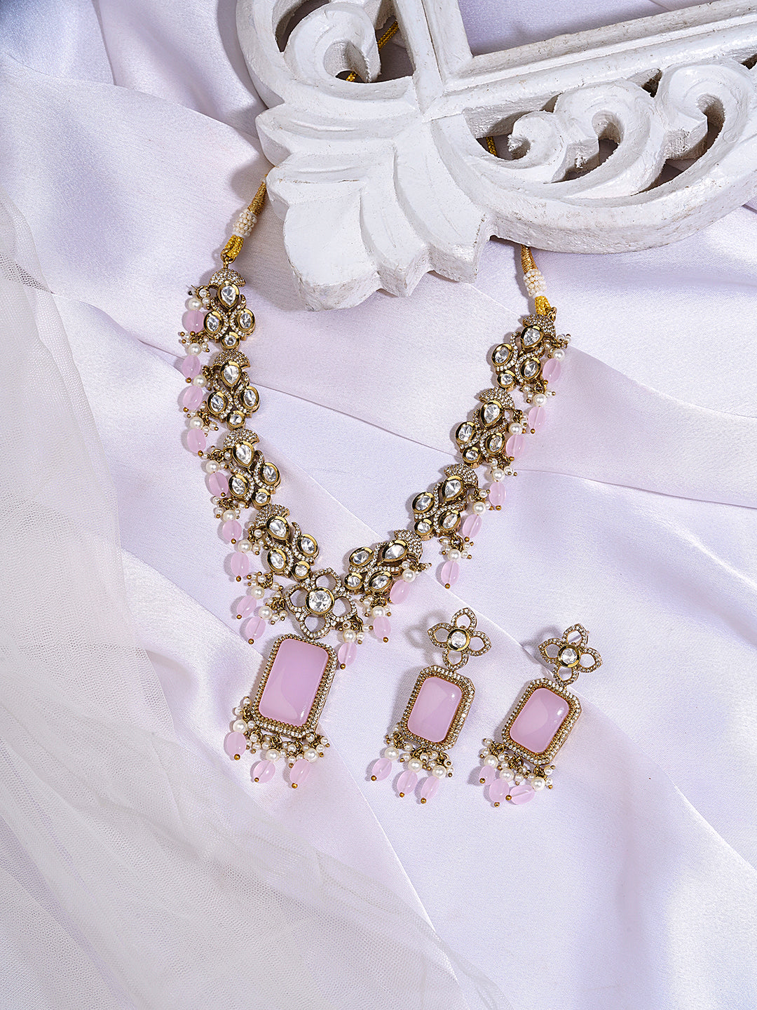 Itrani Mehndi Antique Baby Pink Stone with Polki Necklace Set