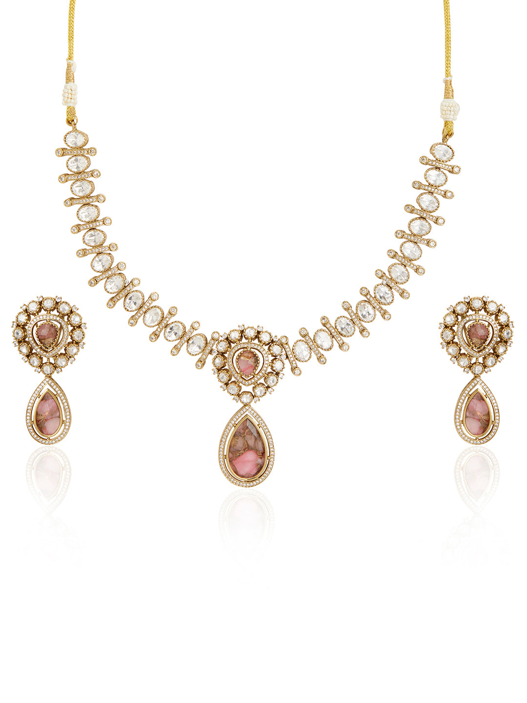 Itrani Mehndi Antique Finish Polki Necklace Set with Gemstone and American Diamonds