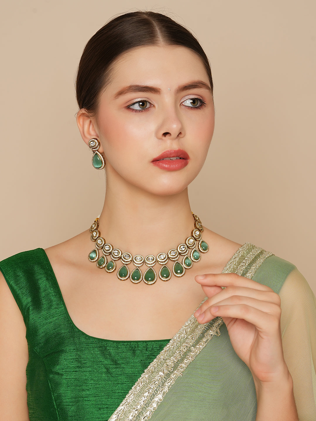 Itrani Antique Mehendi Polki Mint Droplet Necklace with American Diamonds