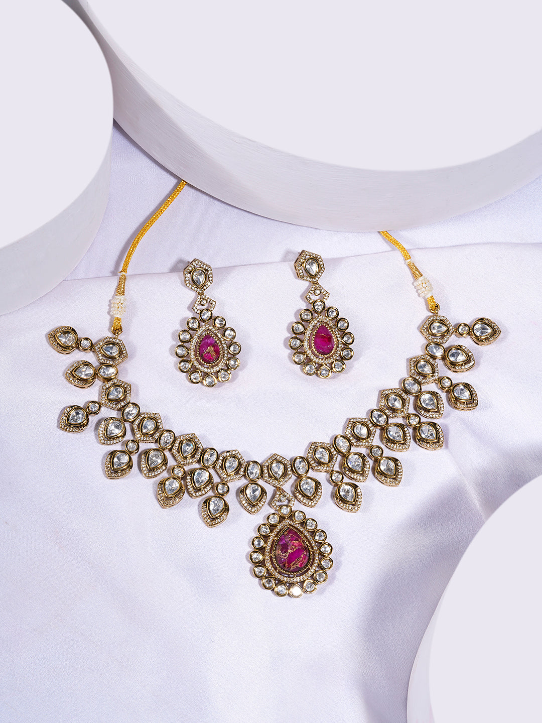 Itrani Mehndi Antique Ruby Polki Necklace Set with American Diamonds