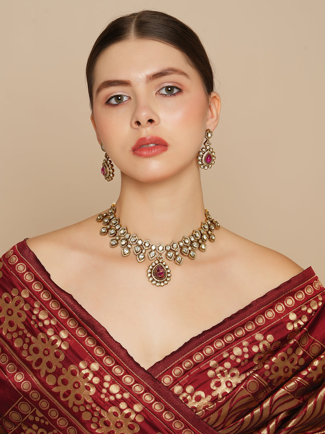 Itrani Mehndi Antique Ruby Polki Necklace Set with American Diamonds