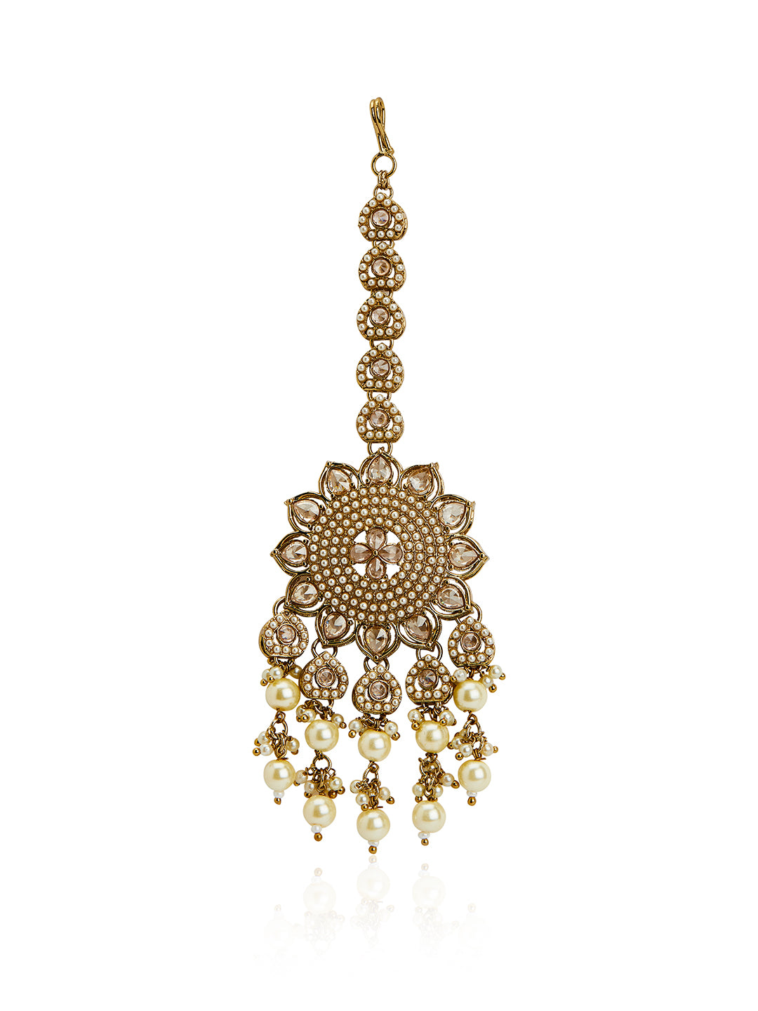 Itrani Antique Mehndi-Finish Amritsari Jadau Pearl Jhumka with Tikka