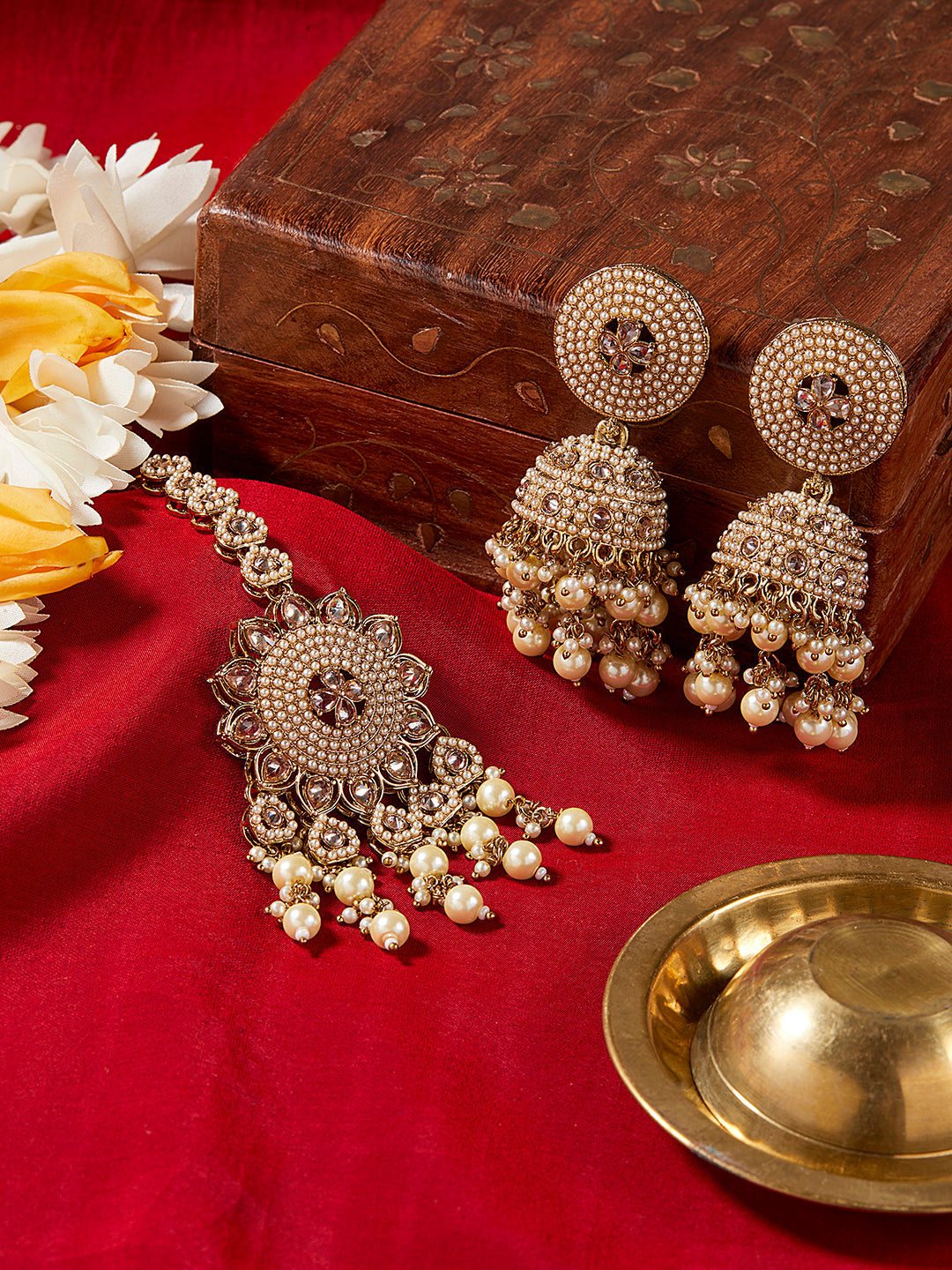 Itrani Antique Mehndi-Finish Amritsari Jadau Pearl Jhumka with Tikka