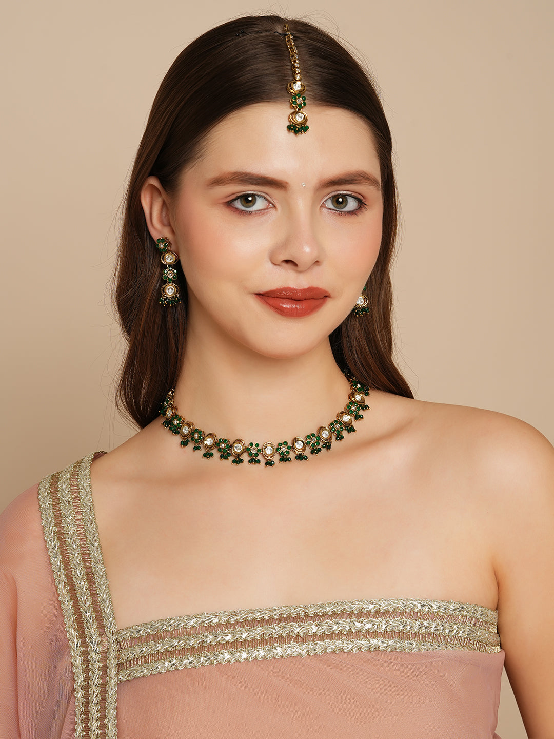 Itrani Mehndi Antique Emerald Polki Necklace with American Diamonds