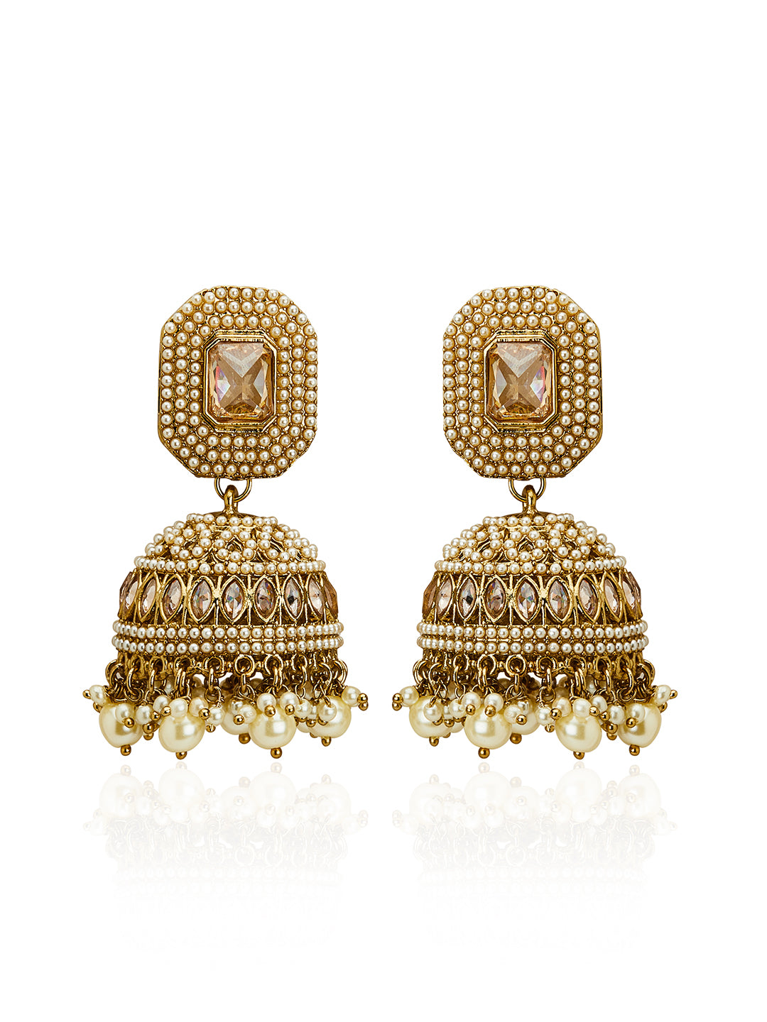 Itrani Antique Gold Jhumka Earrings with Reverse American Diamond & Pearl Detailing