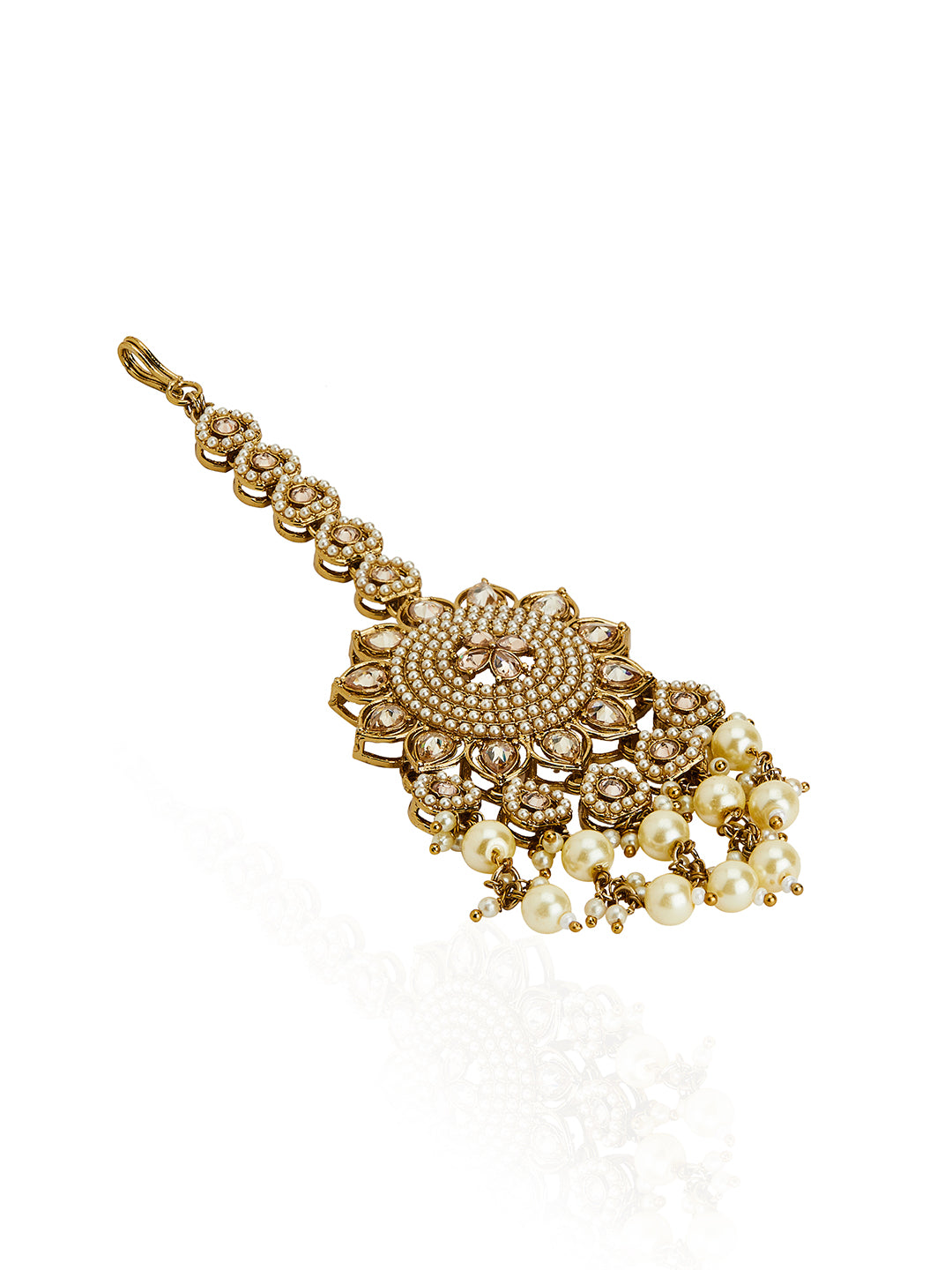 Itrani Antique Mehndi-Finish Amritsari Jadau Pearl Jhumka with Tikka