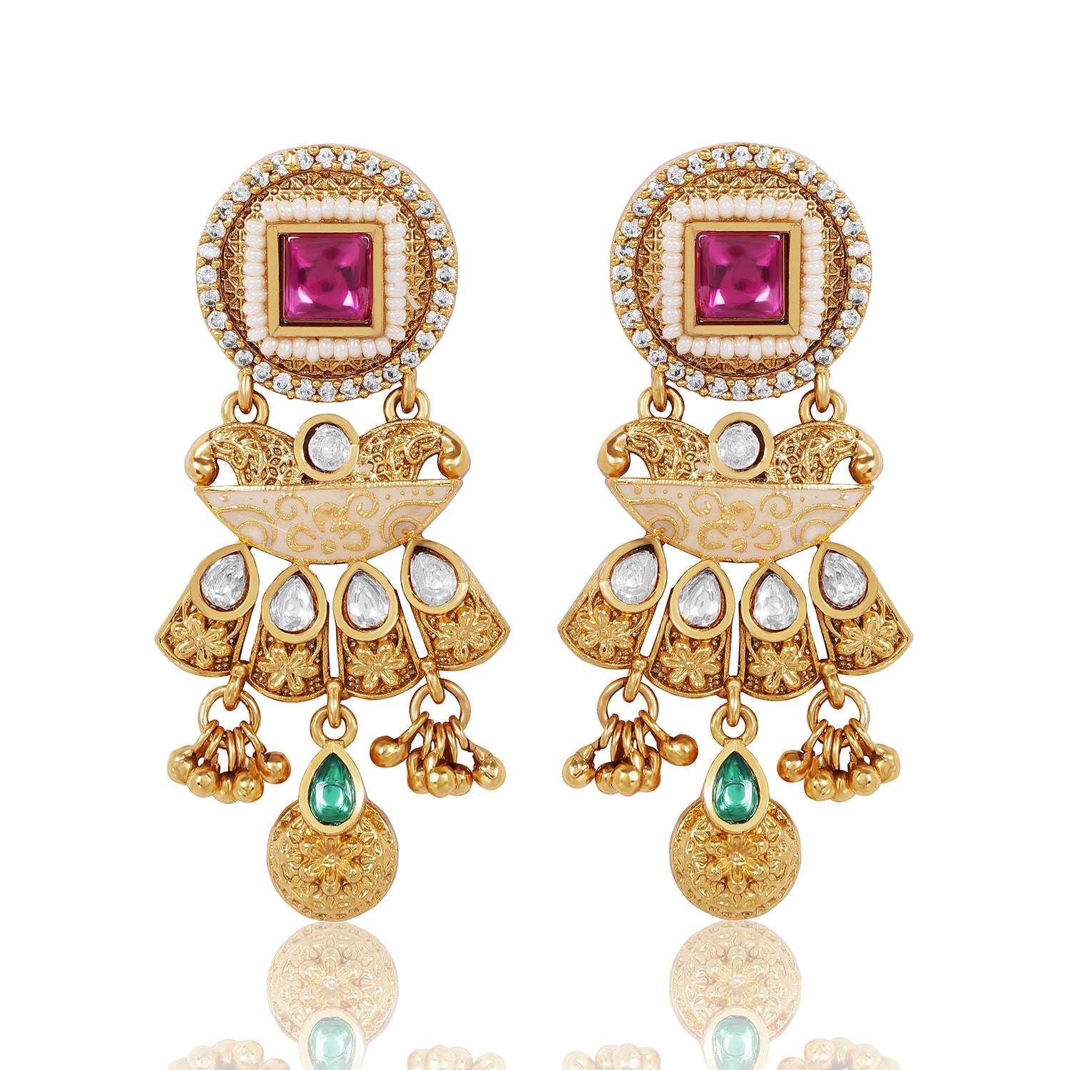 Itrani Rajwadi Gold Finish Polki Long Haar Necklace with Kidiya Moti & Emerald Ruby Stones
